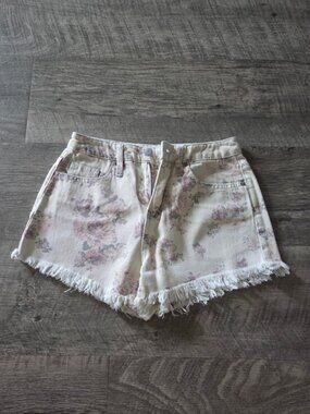 Mossimo Cream and Light Pink Floral High Rise Denim Shorts.